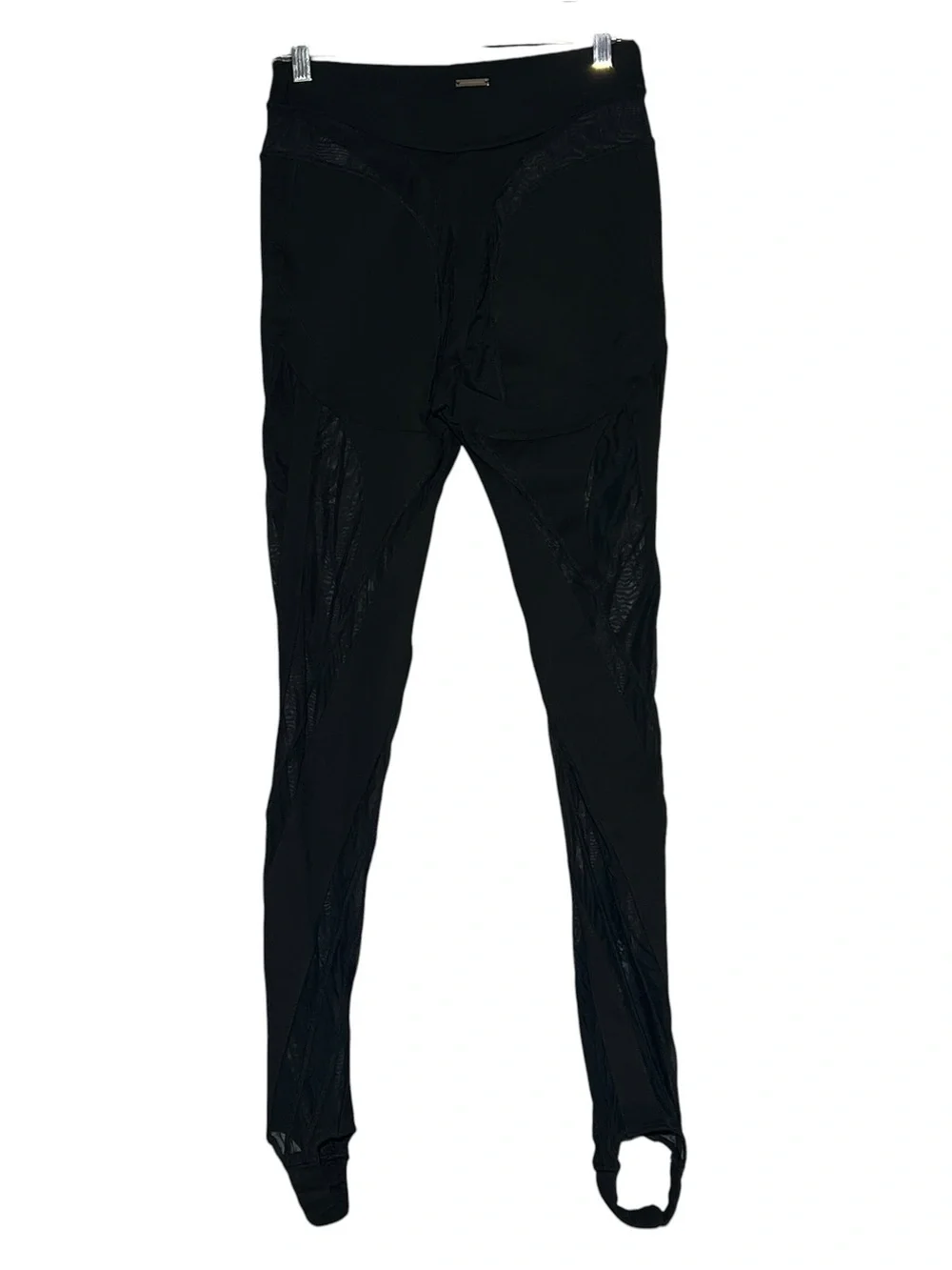 MANIÈRE DE VOIR Black Semi Sheer Mesh Panel Stirrup Leggings High Waist Size 8